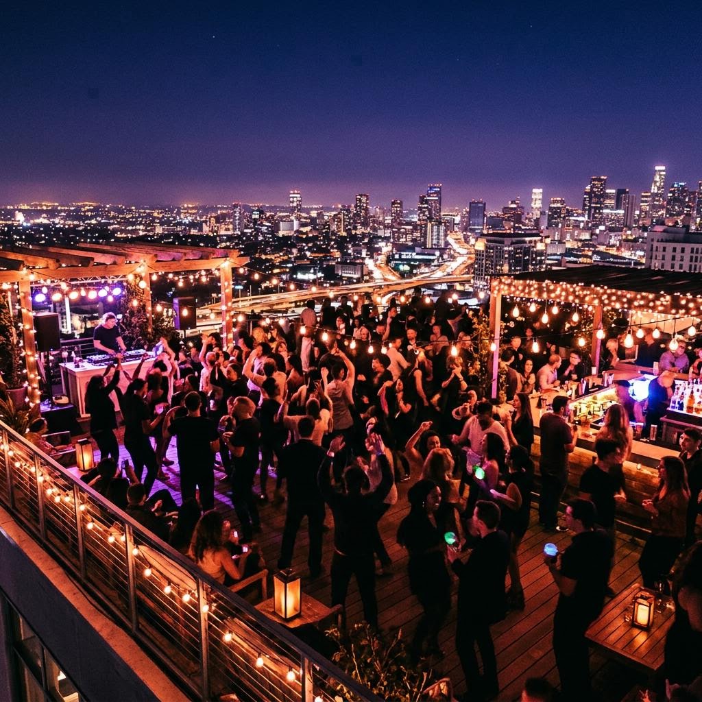 Vibrant rooftop party overlooking the city skyline