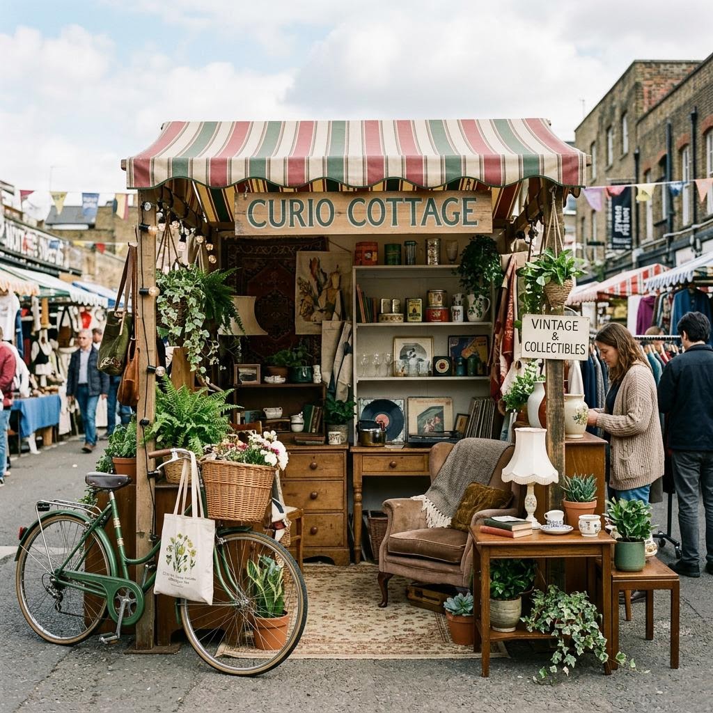A curated vintage and collectibles market stall