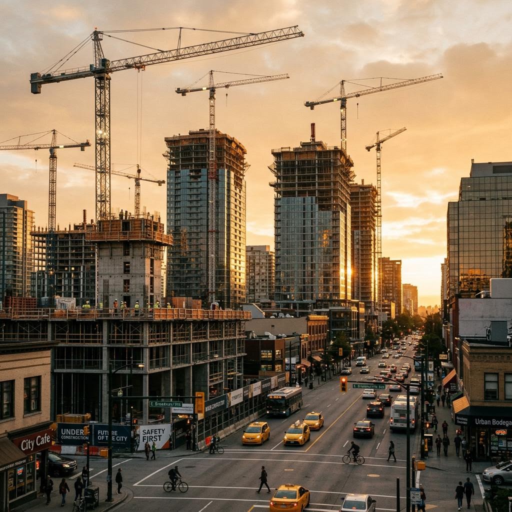 City construction and bustling streets at sunset